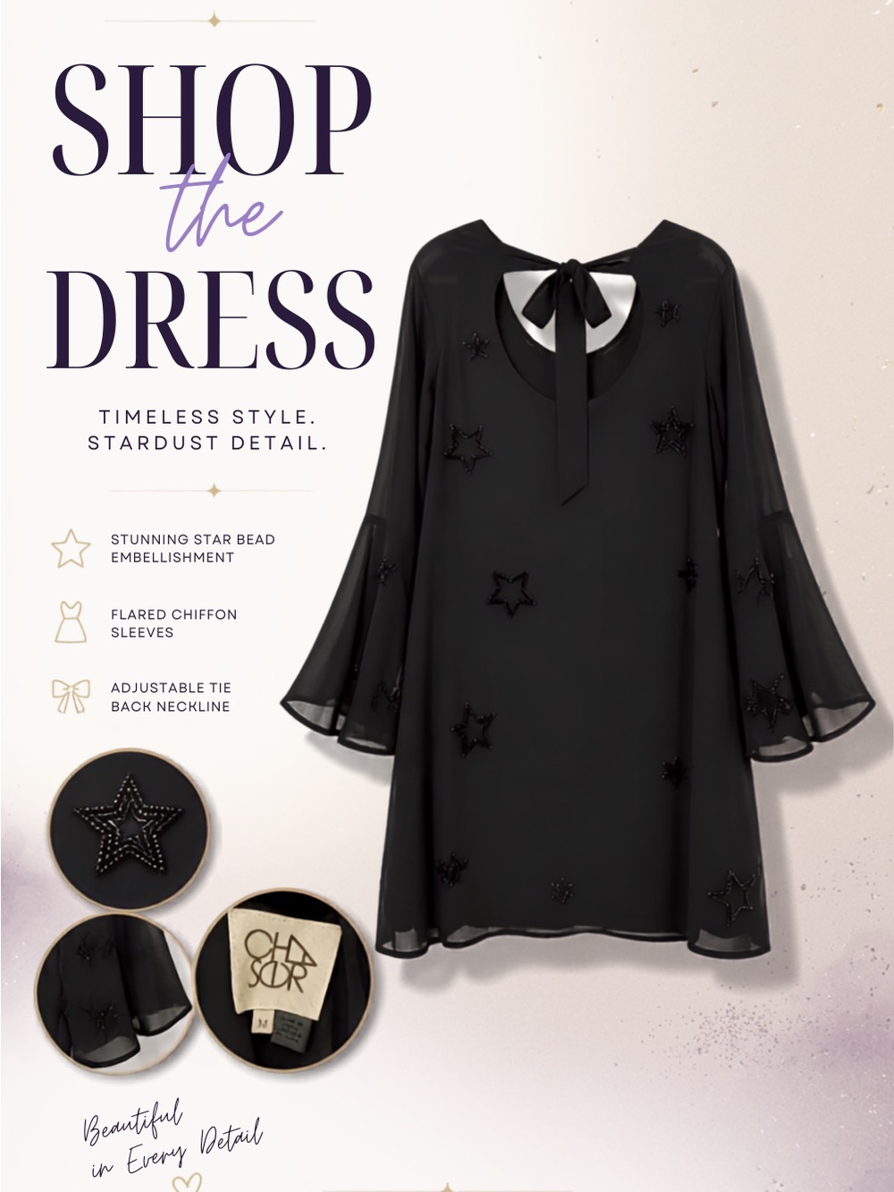 Chaser Black Star-Embellished Chiffon Dress with Bell Sleeves
